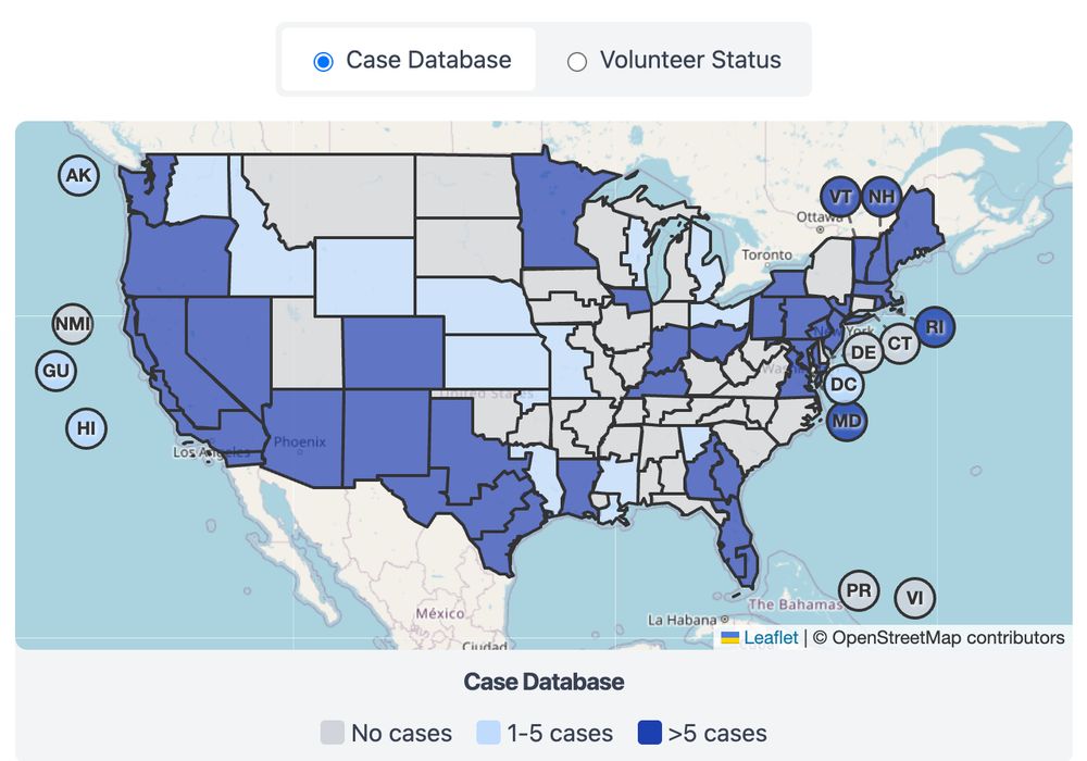 Map of the United States and territories showing the number of cases in the case database. States and territories are shaded in three categories: light gray for no cases, light blue for 1 to 5 cases, and dark blue for more than 5 cases.

Dark blue (>5 cases): Alaska, Washington, Oregon, California, Nevada, Arizona, New Mexico, Colorado, Texas, Louisiana, Florida, Georgia, South Carolina, North Carolina, Virginia, Maryland, Pennsylvania, New York, New Jersey, Connecticut, Rhode Island, Massachusetts, New Hampshire, Vermont, Maine, Washington D.C., Illinois, Minnesota, Wisconsin.

Light blue (1–5 cases): Hawaii, Montana, Idaho, Wyoming, Utah, Missouri, Arkansas, Kentucky, West Virginia, Ohio, Michigan, Indiana, Iowa, North Dakota.

Light gray (No cases): Northern Mariana Islands, Guam, Puerto Rico, U.S. Virgin Islands, Nebraska, South Dakota, Kansas, Oklahoma, Tennessee, Alabama, Mississippi, Delaware.

Geographic patterns: Dark blue states with higher case counts are concentrated along the West Coast, Northeast, and parts of the South and Midwest. Light blue states are scattered in the interior West and central U.S. Light gray states with no cases are mostly in the central and southeastern U.S., plus several territories.
