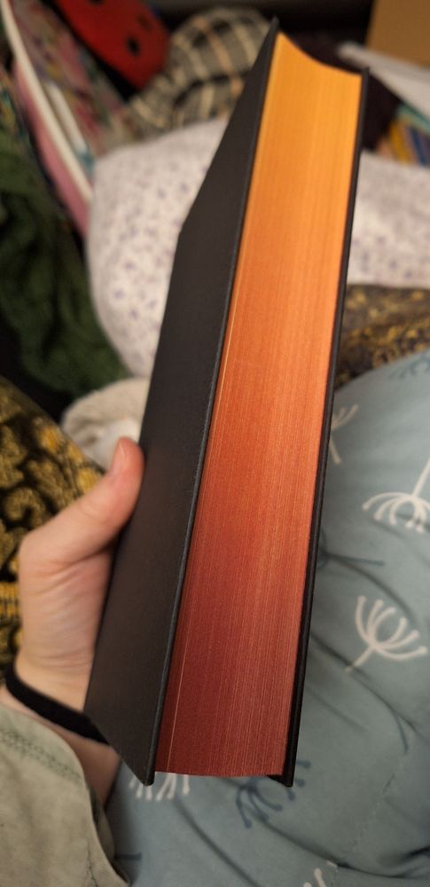 Ein Buch mit schwarzem Einband und einem farbigen Buchschnitt in einem Farbverlauf orangerot,in meiner Hand. 
Im Hintergrund Sofagedöns (Kissen, Decken) 