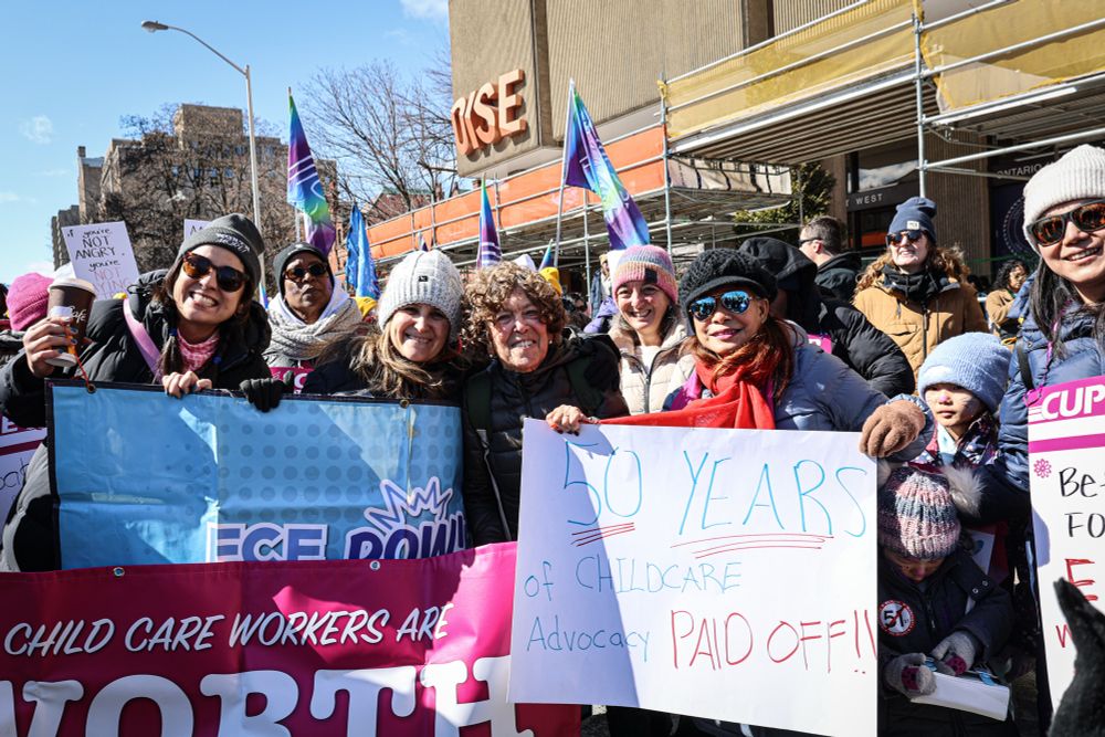 Chrystia Freeland with child care advocates in Toronto, Ontario.