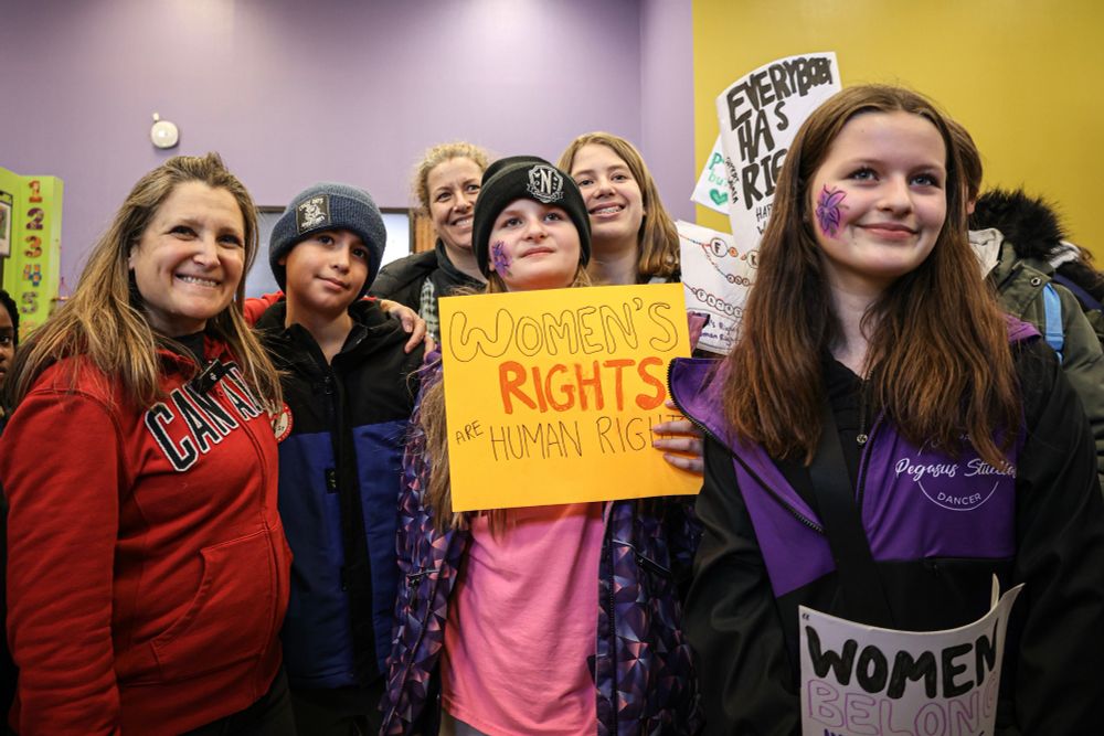 Chrystia Freeland with child care advocates in Toronto, Ontario.