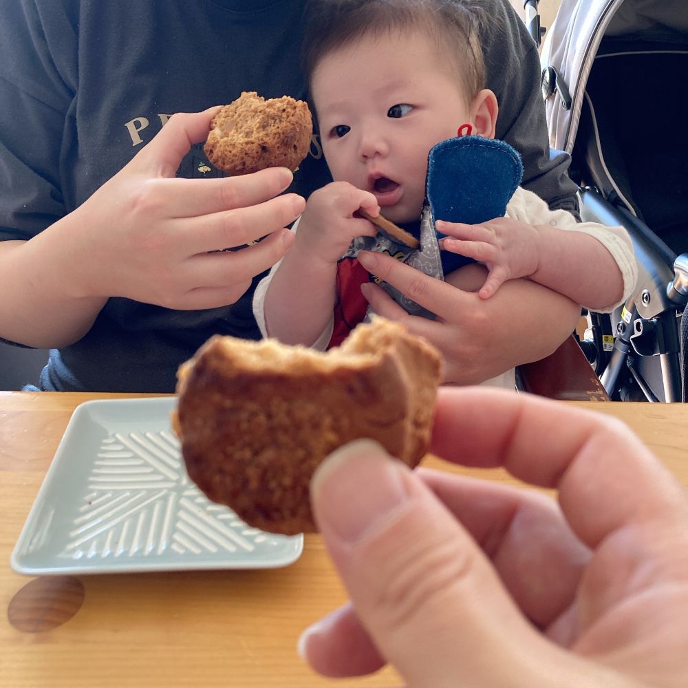 自分が手にしているオモチャのクッキーと、妻が食べようとしているスコーンの違いに気がついた子ども