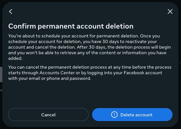 Screenshot of a window saying "Confirm permanent account deletion" for Facebook.