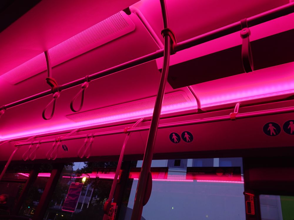 The inside of a bus with pink lighting
