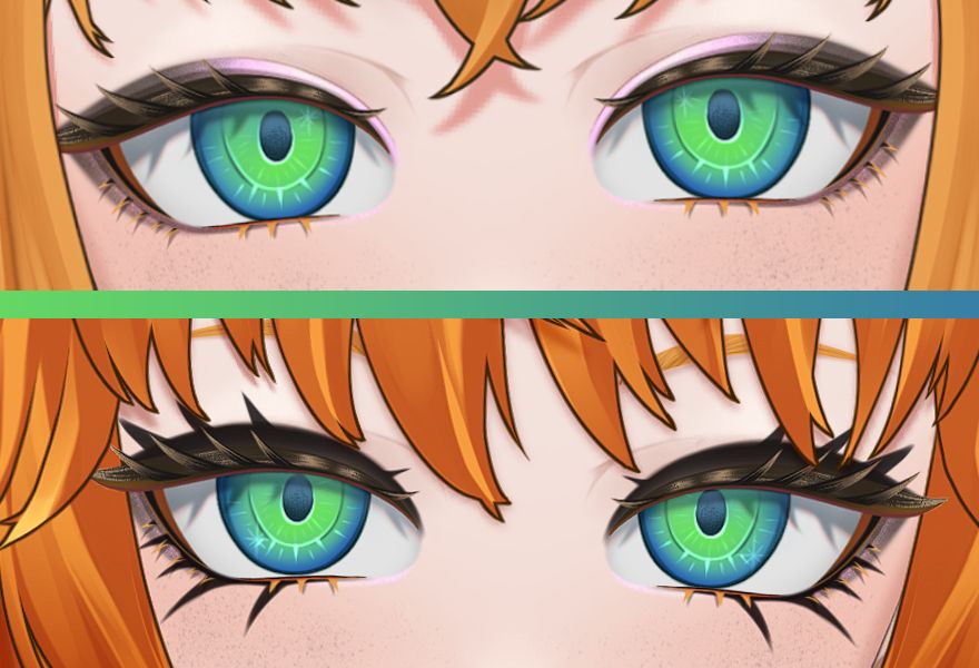 Top part of the image is Ranira's old eyes with pink eyeshadow. Bottom part of the image is Ranira's new eyes with black graphic eyeliner and new hair. The eyes are still blue on the outside green on the inside with little stars in them.