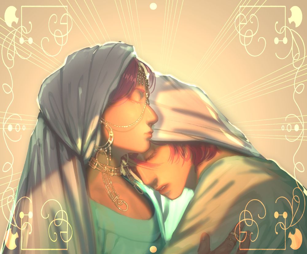 a digital illustration of my ocs Qi and Seb. Seb is leaning their head on Qi's shoulder. They are both wearing white veils over their heads, and pale golden jewellery. their eyes are closed and they look relaxed.