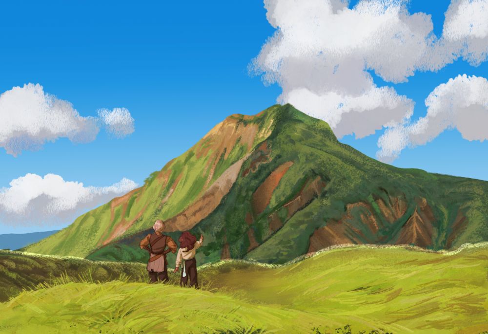 Digital painting of a mountain covered in grass. Two people are standing in the forefront.