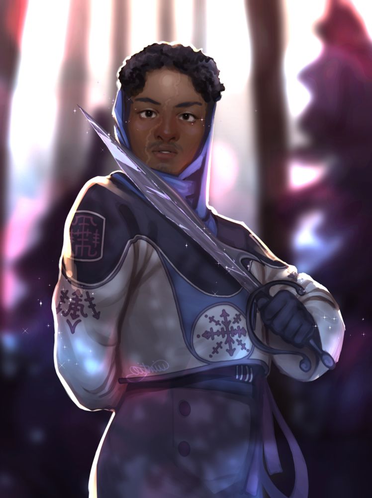 Digital drawing of a character in winter clothes, resting the blade of a sword on their shoulder.