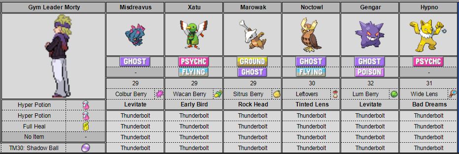 A picture of DarmaniDan's Glittering Gold Morty team with all of the moves replaced with Thunderbolt to stop Normal/Flying types