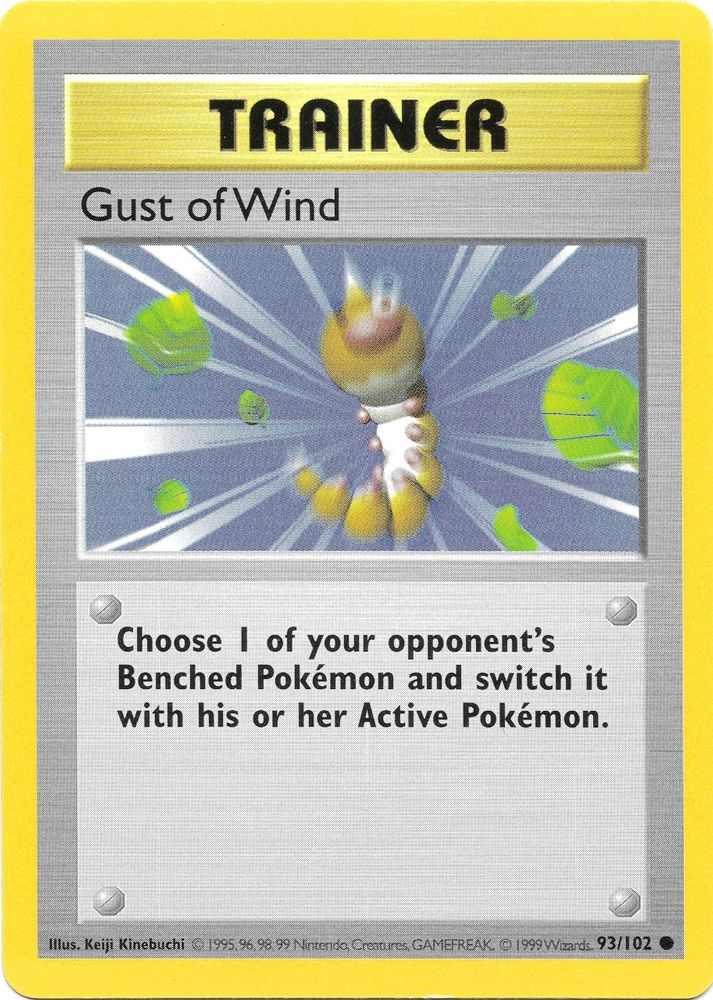 The Base Set Gust of Wind card depicting a Weedle being blown away with leaves all around it