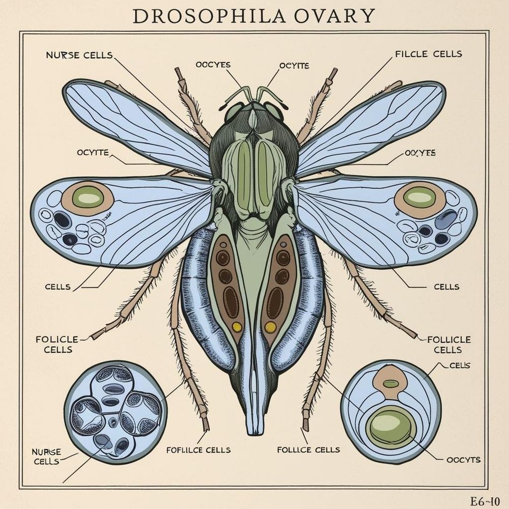 AI generated image of a Drosophila ovary that looks like a fly with completely wrong legend.