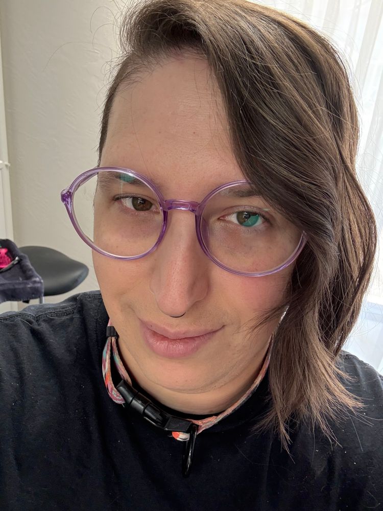 Photo of Verity, wearing round purple glasses and its collar. Its hair is curled and styled