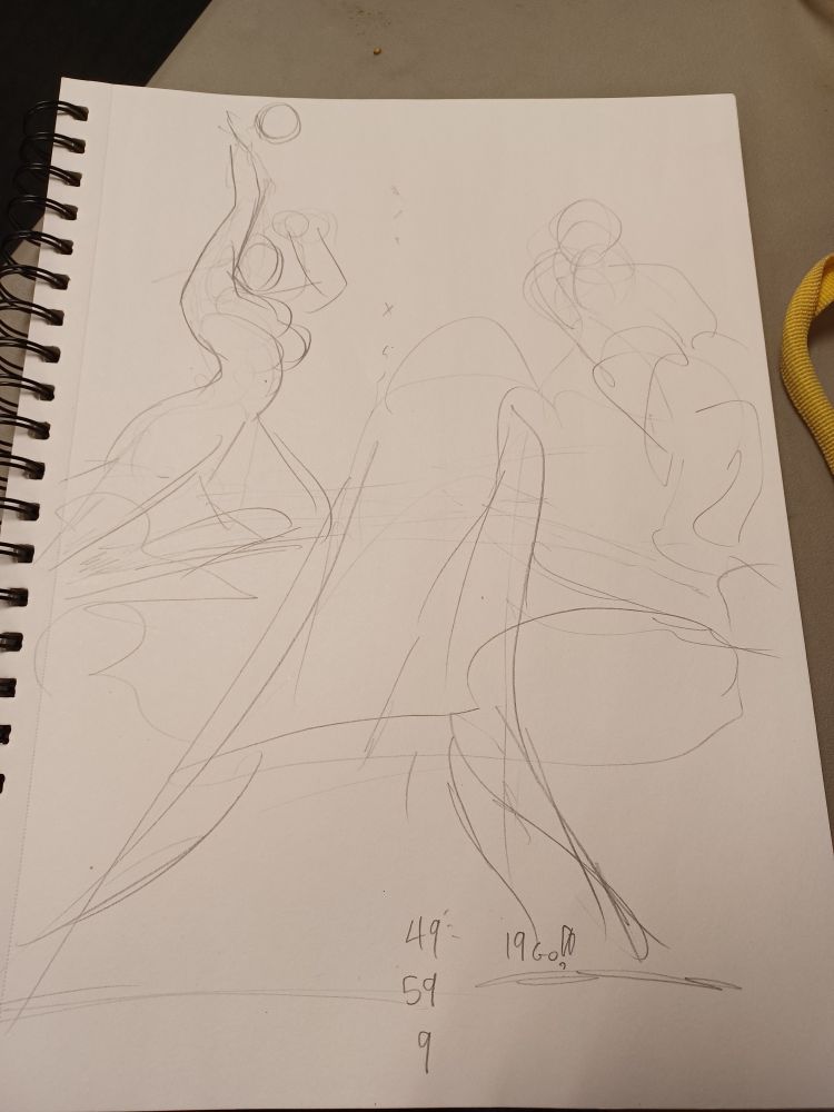 Crude gesture drawing of two figures  on a sketchpad with unrelated numbers on it.