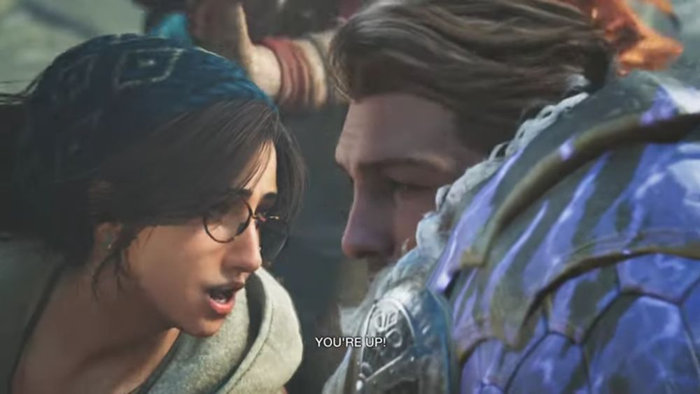 Alma screaming "YOU'RE UP!" at the hunter's ear in an attempt to be heard through the noise.