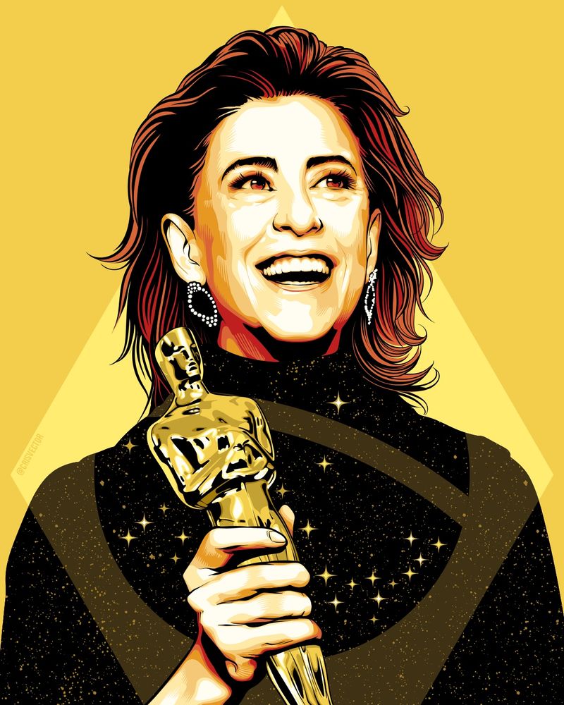 Ilustração de Fernanda Torres sorrindo, ela segura uma estatueta do Oscar, usa um vestido preto com brilhantes que ae assemelham estrelas, sobre o vestido percebe-se sutilmente o formato da bandeira do Brasil e algumas estrelas mais brilhantes seguem o mesmo posicionamento das estrelas na bandeira nacional. O fundo é dourado com um losango amarelo.