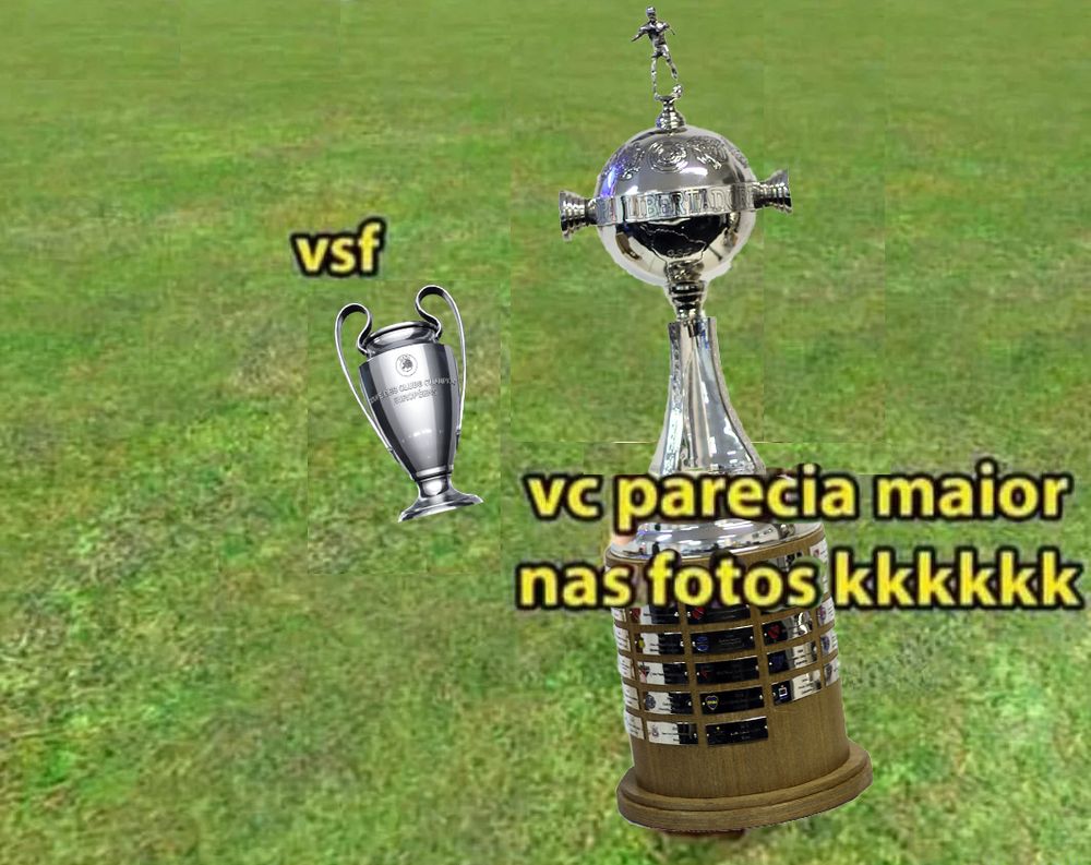 Meme com a taça da Libertadores da América grande, e a frase "vc parecia maior nas fotos kkkkkk" e, ao lado, a taça da Champions Leage, bem menor e a palavra "vsf"