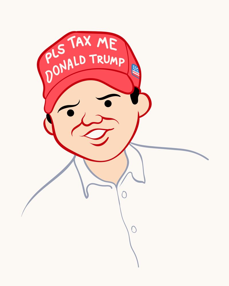 Caricatura de Tarcísio de Freitas mas no traço de Joan Cornellá. Ele usa um boné vermelho com a frase "Pls tax me Donald Trump", na lateral do boné ainda tem a bandeira dos Estados Unidos