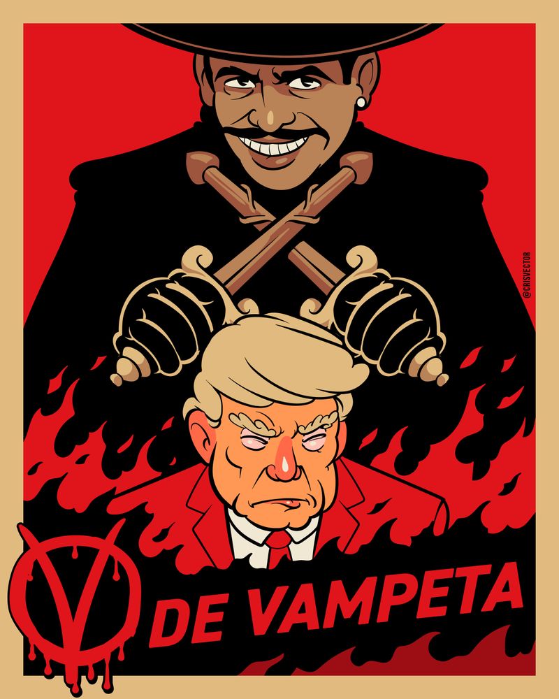 Paródia do poster do filme "V de Vingança" mostrando uma ilustração cartoon do jogador Vampeta, olhando para a câmera e sorrindo, ele está mais atras com uma presença dominante no poster, ele usa um chapeu e um manto preto e segura duas adagas marrons com a ponta inchada e redonda. Na frente, mais abaixo, tem uma versão cartoon de Donald Trump, ele está cabisbaixo e um pouco bravo, ao redor sele tem chamas vermelhas. Abaixo e na frente dele tem o letreiro escrito "V de Vampeta" sendo o V desenhado dentro de um circulo. O fundo é vermelho e o poster todo tem uma moldura dourada.