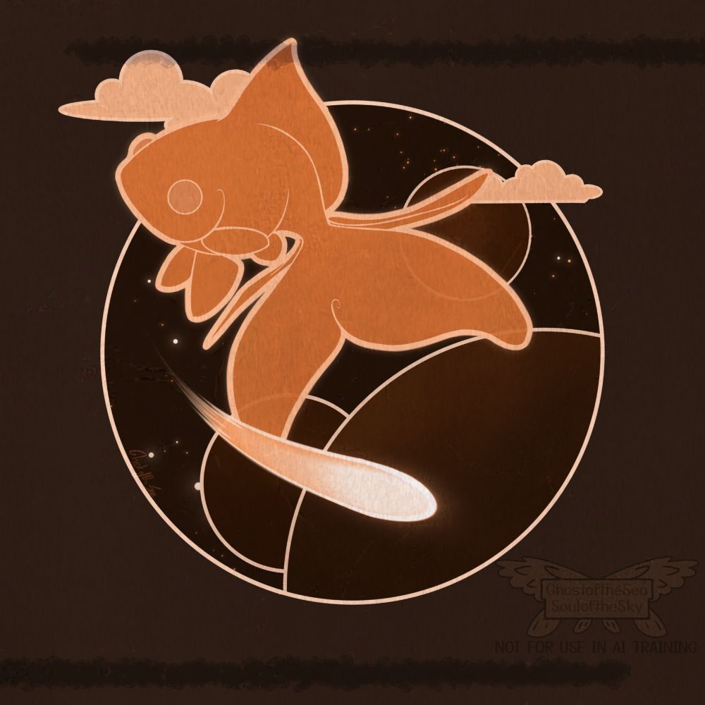 Digital illustration all in shades of orange and brown. There is a large fancy goldfish with clouds, planets, and a comet around it, with a starry circle in the background, alluding to a space scene.