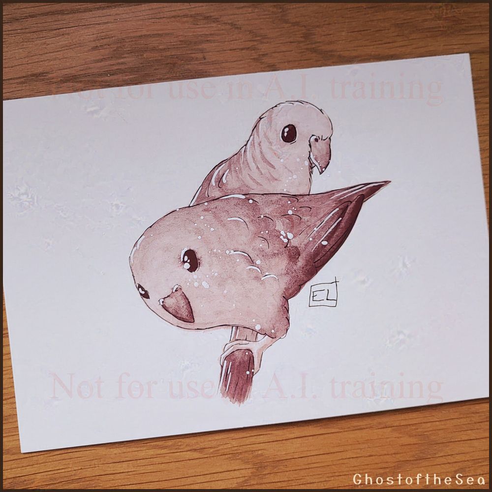 Photo of a watercolor painting on A5 sized paper of two lineolated/barred parakeets perched on a stick together, looking towards the viewer. The painting uses only a single mauve colour in different opacities, and black and white ink.