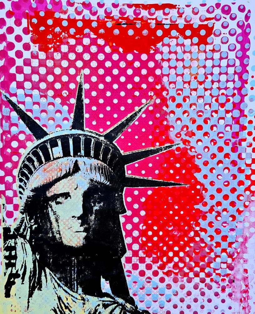 Original artwork by Victoria Rose Martin. A colorful print of the statue of liberty. Bright patterns of dots contrast a dark statue of Liberty 