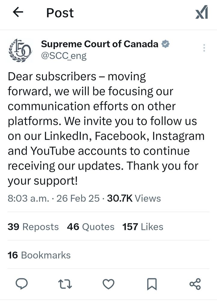 Supreme Court of Canada announces on X they are leaving the site and will continue to post on other accounts