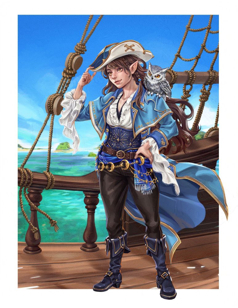 A woman dressed as a pirate standing on the deck of an old sailing ship with her hair and coat blowing in the wind, a tropical sea in the background