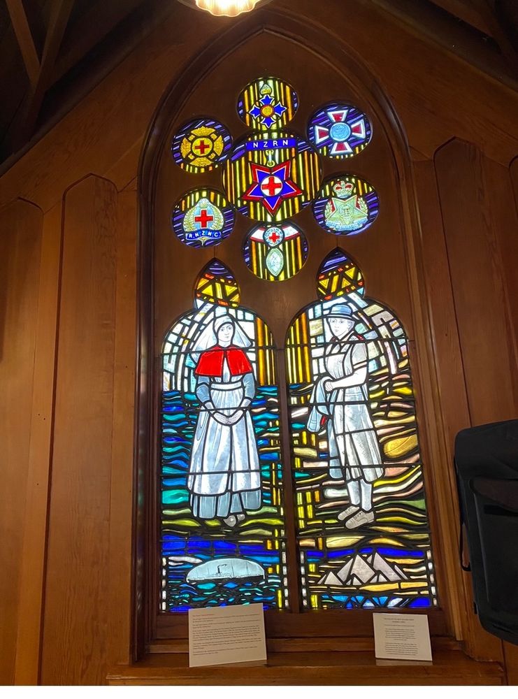 The Nurse’s window world war 1 on right and world war 2 on right - the Colours of the NZANC live here