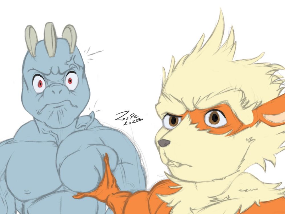 muscle machop and Arcanine angry