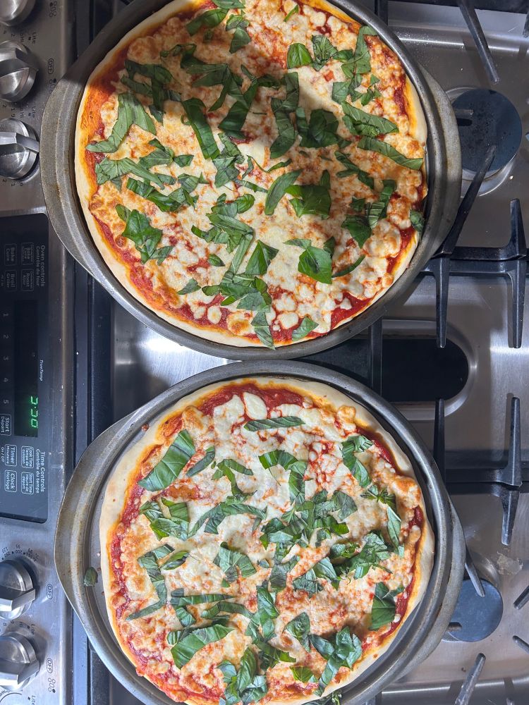Two homemade margherita pizzas