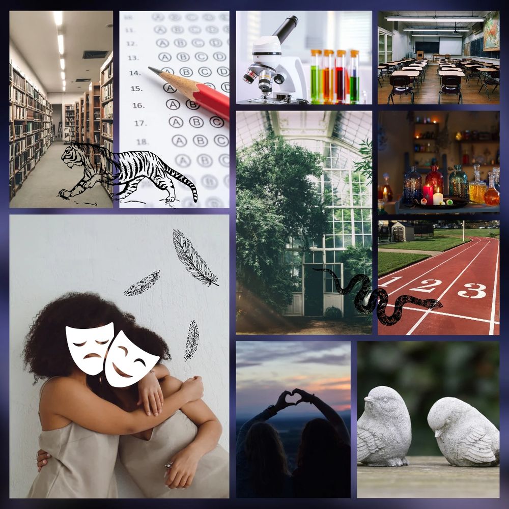 An image board with pictures of a school library, a multiple choice test paper, a graphic of a tiger walking, a microscope with colorful vials, a dull classroom, a greenhouse, a table of potions with shelves of more on the wall behind, an outdoor track, a graphic of a snake, two girls hugging looking at the camera but with a theater mask graphic over their faces one sad one happy and feathers on the wall, a silhouette of two girls making a heart with their hands together, and two chickadee bird statues one looking to the distance and one looking at the ground.