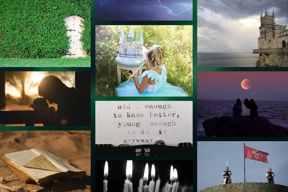 A board of images including a picture of a wall covered in ivy with a door hidden by the leaves, a small shot of lightning against dark clouds, a castle on a cliff by the sea, the silhouette of a father pressing his forehead against his baby in a loving and protective manner, a girl outside dressed as a princess with a wand and a miniature castle on a stool, a group of girls from behind watching the sunset over the Easter, an old book with a creased page on sand, typewriter text saying 'old enough to know better, young enough to do it anyway', a small grayscale shot of birthday candles, and two knights standing guard on a cattle turret with a flag.