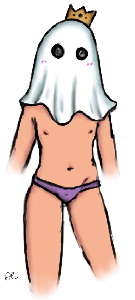 a person wearing stands wearing a purple bikini bottom and a white ghost sheet over their head. a small golden crown sits on top of the sheet.