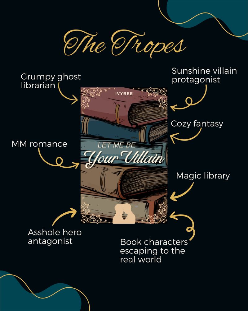 A book cover of “Let Me Be Your Villain” with the tropes around it: grumpy ghost librarian, MM romance, asshole hero antagonist, sunshine villain protagonist, cozy fantasy, magic library, book characters escaping to the real world.