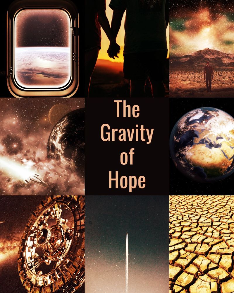 A collage of images:
A window to space, two man holding hands, a man walking a desert landscape, a spaceship flying, Earth from space, a sci-fi space station, more desert landscape. In the middle the title: “The Gravity of Hope”.