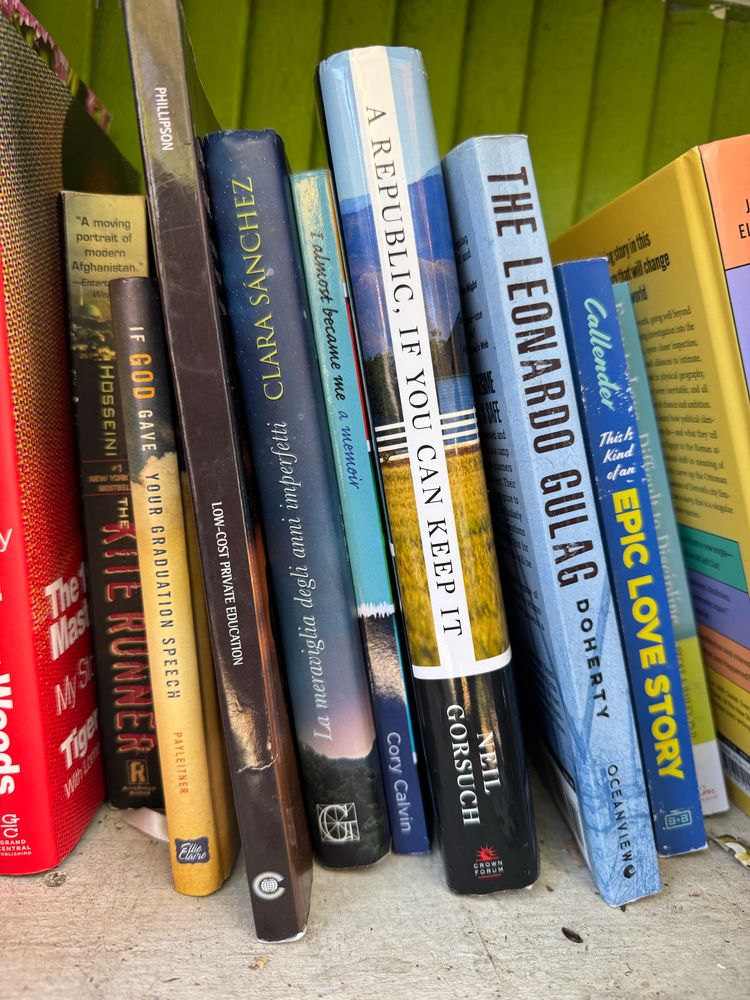 Books in a little free library including Neil Gorsuch “A Republic, if You Can Keep It”.