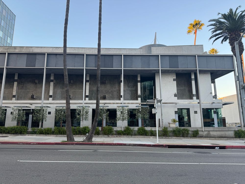 Modern grey abandoned looking storefront w/palm trees.