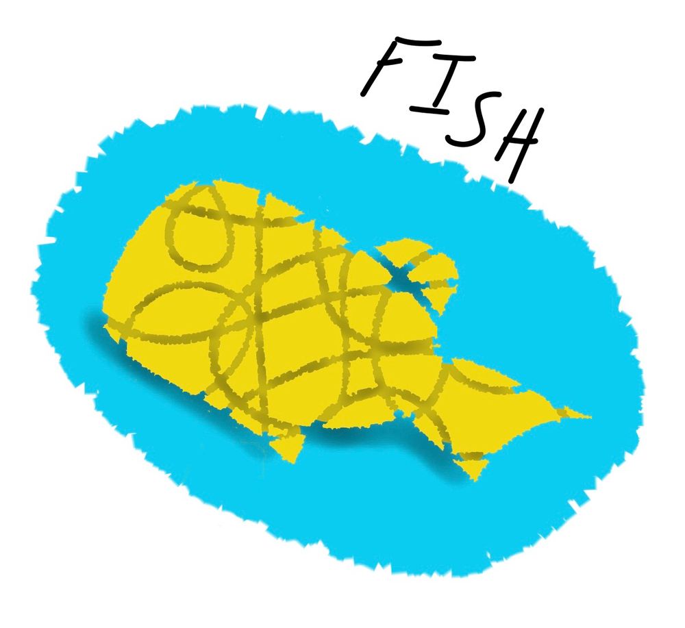 A rough-edged yellow simple fish silhouette. Crunchy swirling dark yellow lines cut through the fish. The fish is placed over a rough hand drawn light blue circle. “FISH” is handwritten in caps following the circle on the top right