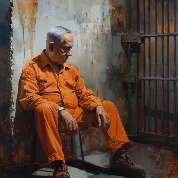 A drawing Benjamin Netanyahu in Jail after arrest warrants released 