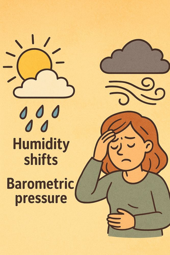 cartoon-style illustration showing a woman holding her head and stomach in discomfort. Above her are three weather icons: a sun with clouds labeled “Barometric pressure,” raindrops with clouds labeled “Humidity shifts,” and swirling wind with dark clouds labeled “Windy days.” The background is a warm yellow-orange.