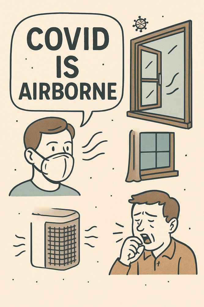 Illustration highlighting that COVID-19 is airborne. It features a masked person speaking the words “COVID IS AIRBORNE,” an open window with air flowing through, a closed window with a curtain, a person coughing and releasing particles, and a portable air purifier emitting clean air. Small dots in the air suggest virus particles, reinforcing the airborne trasmission message