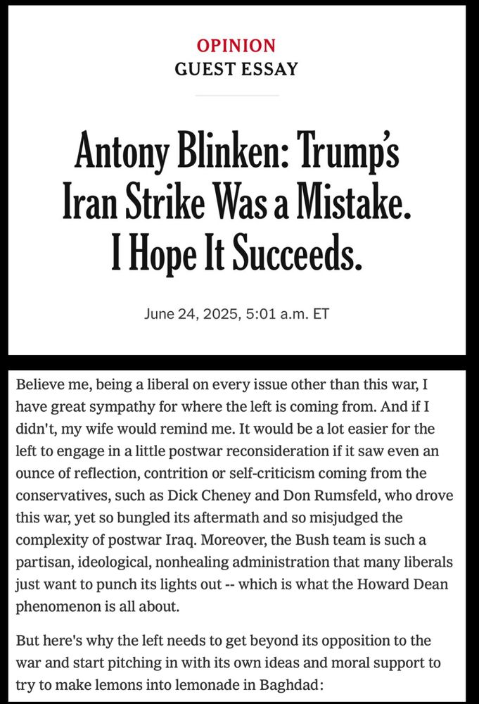 2025 headline on Blinken hoping Trump's Iraq strike succeeds, along with 2003 extract from a column by Tom Friedman hoping that Bush succeeds in Iraq