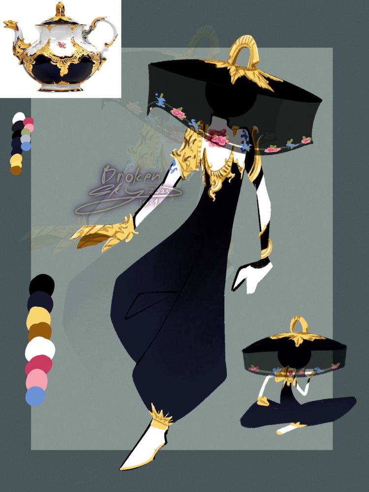 stick character design base on an antique teapot, they're wearing a jumpsuit with the bottom half turning into lantern pants, they're wearing gold amorments and a weimao hat, the veil having flowers embroiderery 