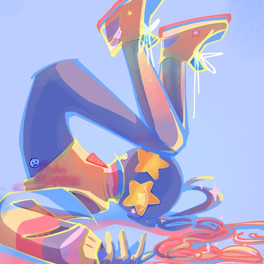 Hermes curled up with their legs over their head, hair sprawling across the ground, with colorful clothing, rainbow sole shoes, and star shaped glasses 
