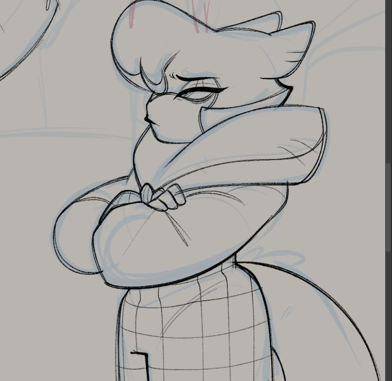 the cat/bat alien , Jane snow is shown to cross her arms with her ears pinned back. The drawing is unfinished.