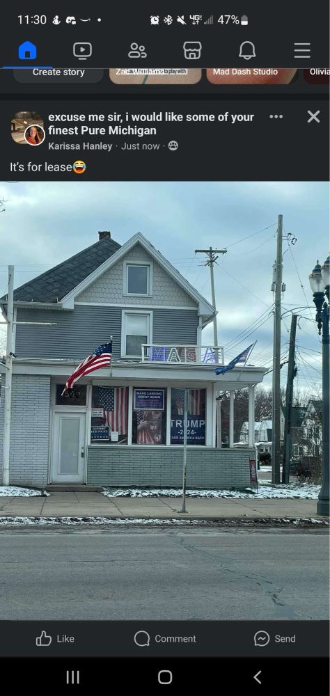 A Facebook post with a picture of a MAGA house. Signs on the house include “Trump 2024: take back America” “Make Lansing Great Again” “support our police” 3 American flags, one with Jesus pulling the flag aside to broadcast his crown of thorns. MAGA is written on the balcony railings in neon