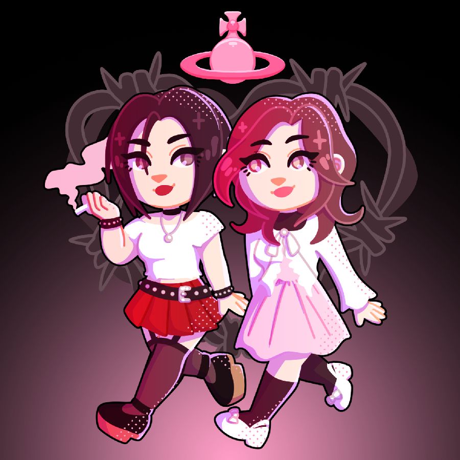 A digital drawing of two girls, who are characters from the manga and anime Nana. The girl on the left has light skin and black hair, and is wearing punk clothing. The girl on the right has light skin and brown hair, and is wearing pink and white frilly clothes. There is barbed wire in the shape of a heart behind them.