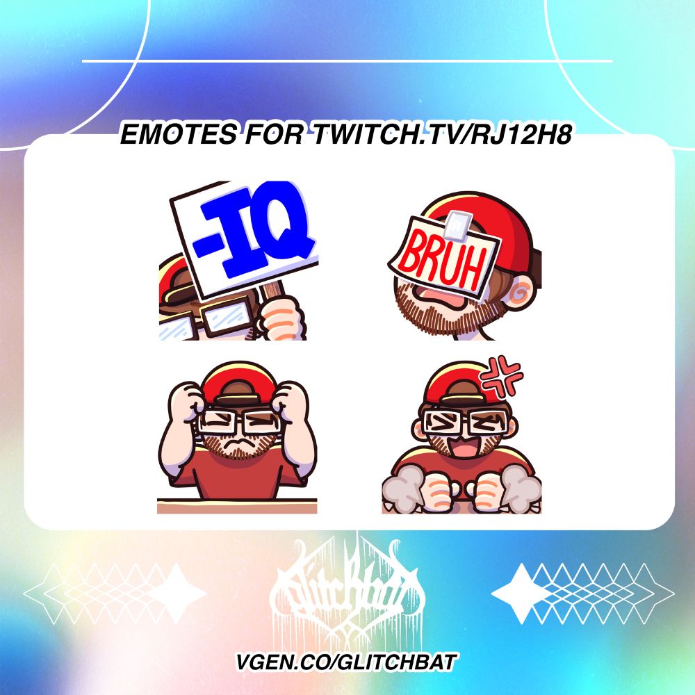 Four digital drawings that are used for Twitch emotes. They all include a man with light skin, light brown hair, and a backwards red baseball hat. The first drawing has the character holding up a sign that says "-IQ", read as negative IQ. The second drawing has the character with a piece of paper taped to his face saying "BRUH". The third drawing has the character holding his fists near his face, looking frustrated. The fourth drawing has the character with his hands slammed on the table and shouting.