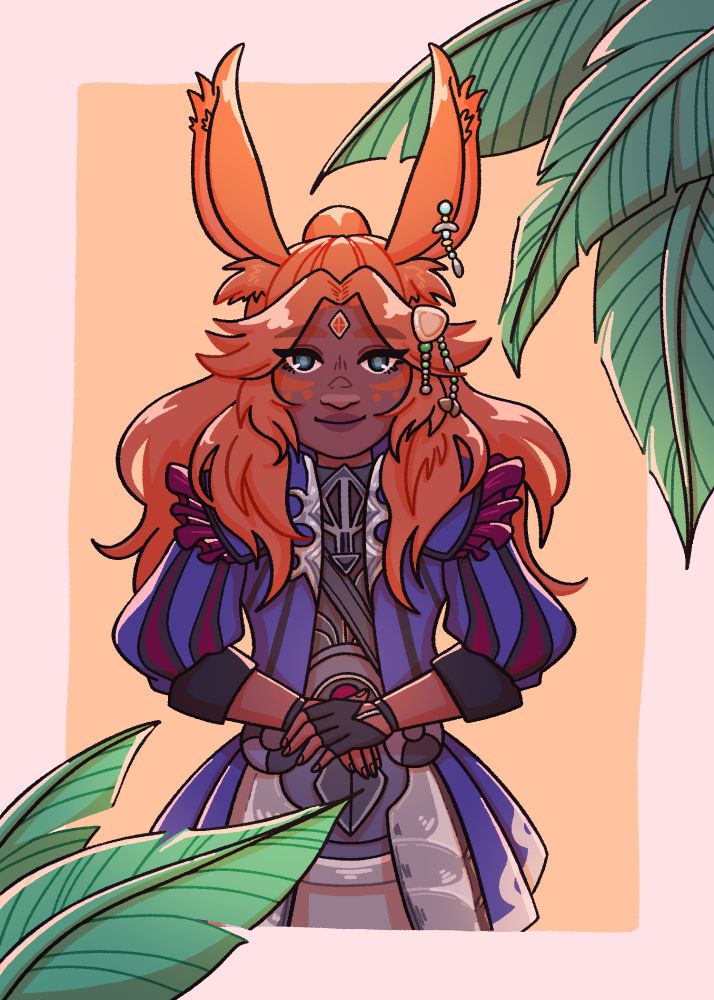 Digital drawing of a girl with dark skin and orange hair, with large fluffy bunny ears. She is wearing dark blue and silver clothing and has jewelry around her face. She is surrounded by green leaves and there is a solid color orange background.