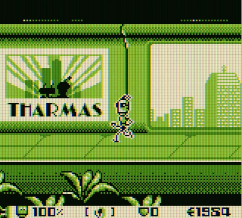 A screenshot from the upcoming Game Boy game Fall from Space, showing a robot running down the corridors of a bustling metropolis.