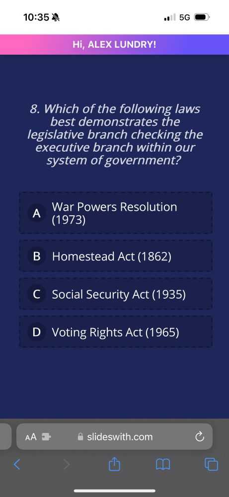 Multiple choice q about congressional acts. 
